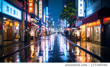 Neon lit Tokyo alleyway blurred and reflected in rainy ground. Generated Image 127380560