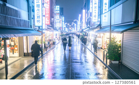 Neon lit Tokyo alleyway blurred and reflected in rainy ground. Generated Image Neon lit Tokyo alleyway blurred and reflected in rainy ground. Generated Image 127380561