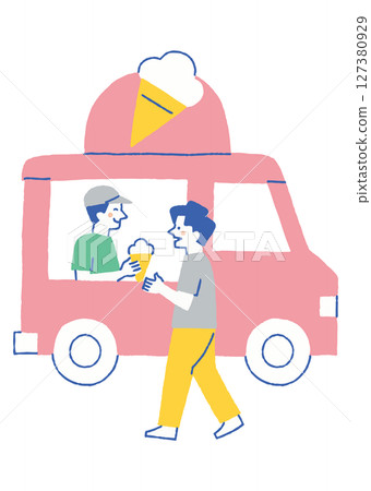 Men lining up at a mobile ice cream stand_color Men lining up at a mobile ice cream stand_color 127380929