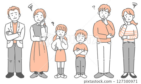 Illustration set of a three-generation family of grandparents, parents, and children with a troubled expression 127380971