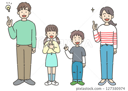 Illustration set of a two-generation family of parents and children making hand signs 127380974