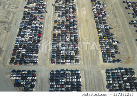 Used damaged cars on auction reseller company big parking lot ready for resale services. Sales of secondhand vehicles for rebuilt or salvage title Used damaged cars on auction reseller company big parking lot ready for resale services. Sales of secondhand vehicles for rebuilt or salvage title 127381255