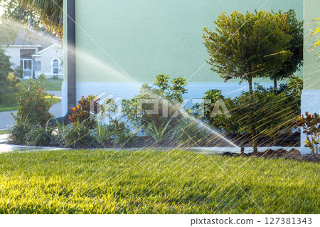 Sprinkler watering lawn grass during dry season 127381343