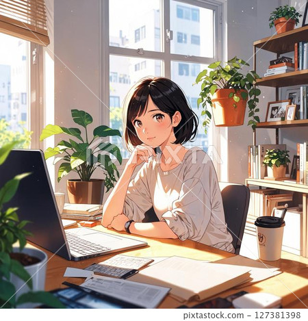 Illustration of a woman studying online 127381398