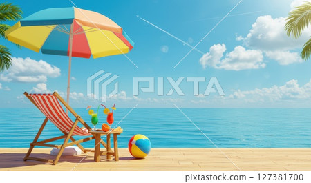 Summer sea and cumulonimbus clouds with beach chairs 127381700