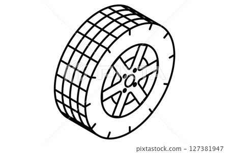 Tire, simple and cute isometric black and white line drawing icon 127381947