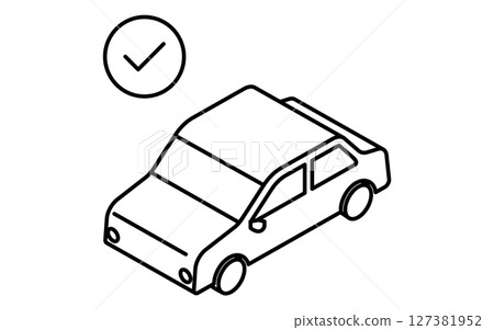 透過車輛檢驗和複選標記的轎車，簡單可愛的等距黑白線描圖標 127381952