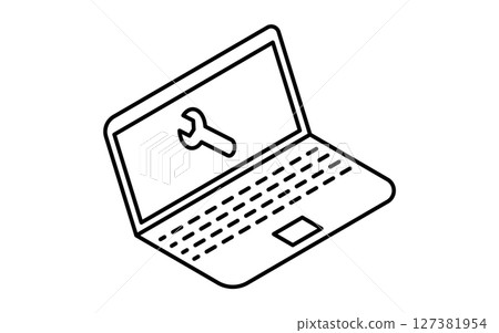 Car online diagnostic image spanner symbol and PC, simple and cute isometric black and white line drawing icon Car online diagnostic image spanner symbol and PC, simple and cute isometric black and white line drawing icon 127381954