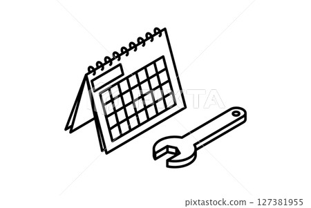 Vehicle inspection schedule image, spanner and calendar, simple and cute isometric black and white line icon 127381955