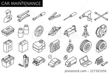 Simple and cute black and white line icons of car maintenance, isometric Simple and cute black and white line icons of car maintenance, isometric 127381956