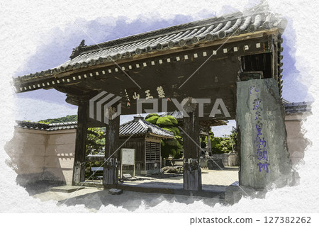 Watercolor painting style, Shikoku 88 Temples No. 15, Kokubunji Temple, Sanmon Gate, Tokushima City, Tokushima Prefecture Watercolor painting style, Shikoku 88 Temples No. 15, Kokubunji Temple, Sanmon Gate, Tokushima City, Tokushima Prefecture 127382262