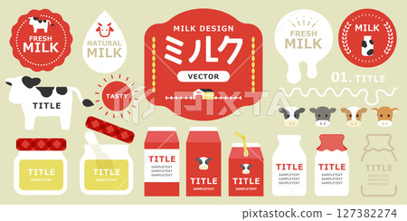 一套帶有乳牛和紅色包裝的牛奶框材料（乳製品、優格、飲料標籤） 127382274