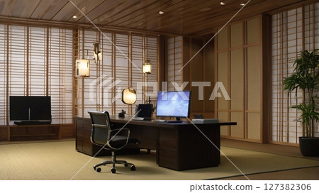 充滿日本寧靜氛圍的新聞攝影棚背景 - 非常適合合成人員的空間美 127382306