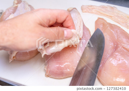 雞胸肉，去皮，雞胸肉，去皮，準備，刀 127382410