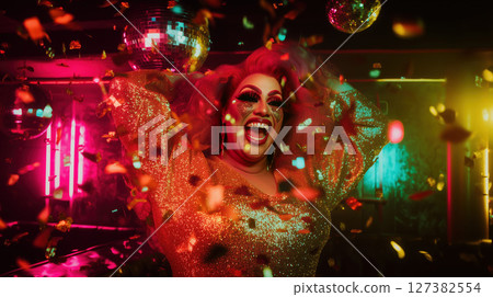 Drag queen in glitter dress laughing and celebrating under disco lights and confetti in nightclub. Studio portrait with neon lighting and festive atmosphere. Drag performance and LGBT pride concept 127382554
