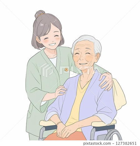 護理人員協助坐輪椅的老人的插圖（白色背景） 127382651