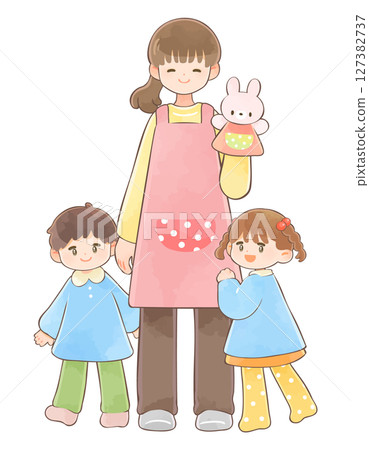 Female nursery teacher and kindergarten children 127382737