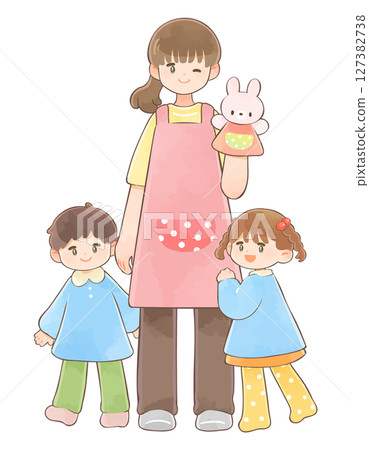 Female nursery teacher and kindergarten children Female nursery teacher and kindergarten children 127382738