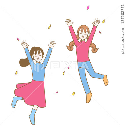 Illustration of a cheerful woman jumping with joy 127382771