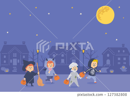 孩子們穿著萬聖節服裝在夜晚穿過小鎮的插圖 127382808