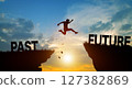 Silhouette man jumping from PAST to FUTURE wording on cliffs with cloud sky and sunrise. Go ahead and Keep go on to success Concept. 127382869