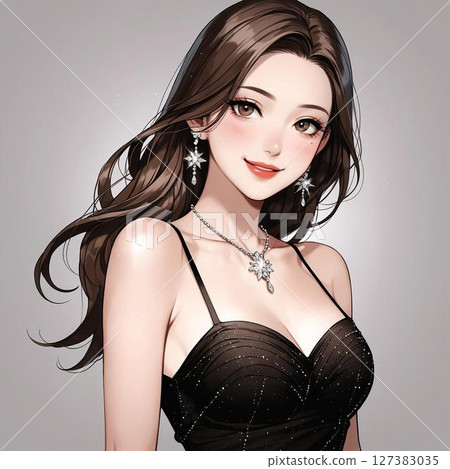 Illustration of a smiling hostess in a black dress Illustration of a smiling hostess in a black dress 127383035