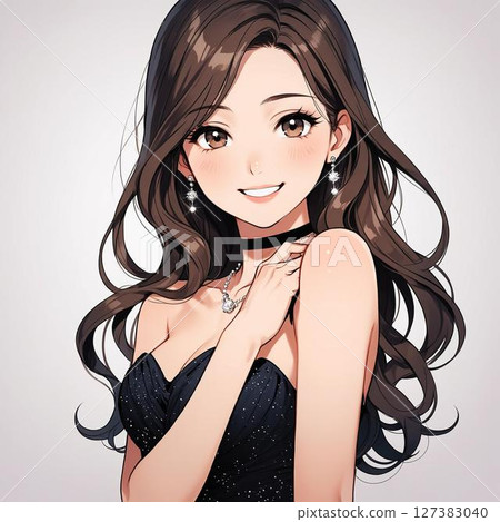 一位身穿令人印象深刻的黑色連身裙和項鍊的女主人的插圖 127383040