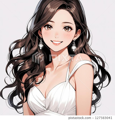 身穿黑色連身裙的微笑女主人的插圖 127383041