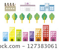 Business district, factory, hospital, school, tree, icon set 127383061