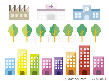 Business district, factory, hospital, school, tree, icon set 127383061