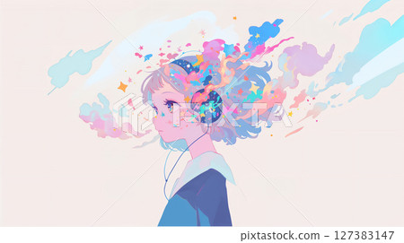 Girl listening to music with headphones 127383147