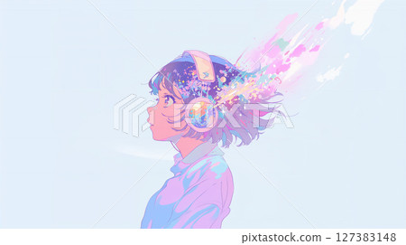 Girl listening to music with headphones 127383148