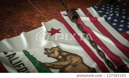 The California and America flag for Crisis concept 3d Rendering. The California and America flag for Crisis concept 3d Rendering. 127383183