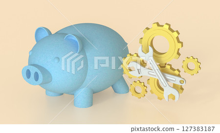 The Blue Piggy Bank and Gear for  Earn or Saving concept 3d Rendering. The Blue Piggy Bank and Gear for  Earn or Saving concept 3d Rendering. 127383187