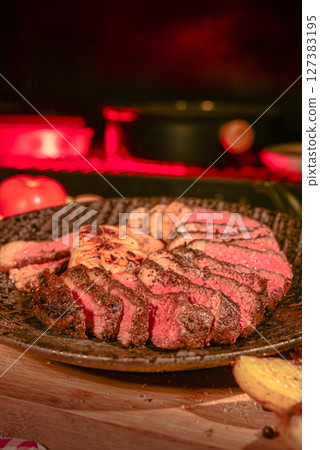 The Picanha Steak on Black plate for food concept. 127383195