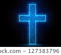 Illuminated Christian Cross: A radiant, electric blue Christian cross glows against a backdrop, symbolizing faith, hope, and devotion, with a celestial aesthetic. 127383796