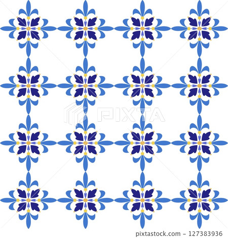 Mediterranean tile, blue seamless pattern. Spanish, Portuguese, or Moroccan traditional ornament. Mosaic floral design with leaves, ethnic motifs for ceramic. Vector illustration 127383936