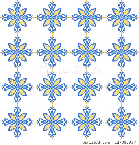Mediterranean tile, blue seamless pattern. Spanish, Portuguese, or Moroccan traditional ornament. Mosaic floral design with leaves, ethnic motifs for ceramic. Vector illustration 127383937