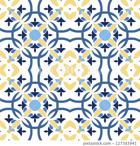 Mediterranean tile, blue seamless pattern. Spanish, Portuguese, or Moroccan traditional ornament. Mosaic floral design with leaves, ethnic motifs for ceramic. Vector illustration Mediterranean tile, blue seamless pattern. Spanish, Portuguese, or Moroccan traditional ornament. Mosaic floral design with leaves, ethnic motifs for ceramic. Vector illustration 127383941
