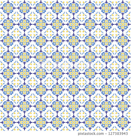 Mediterranean tile, blue seamless pattern. Spanish, Portuguese, or Moroccan traditional ornament. Mosaic floral design with leaves, ethnic motifs for ceramic. Vector illustration Mediterranean tile, blue seamless pattern. Spanish, Portuguese, or Moroccan traditional ornament. Mosaic floral design with leaves, ethnic motifs for ceramic. Vector illustration 127383943