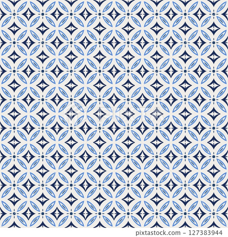 Mediterranean tile, blue seamless pattern. Spanish, Portuguese, or Moroccan traditional ornament. Mosaic floral design with leaves, ethnic motifs for ceramic. Vector illustration 127383944