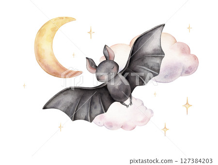 Hand drawn watercolor illustration cute black bat on sky with moon, stars, clouds, perfect for Halloween and children's decorations. It also ideal for baby shower invitations and nursery art. 127384203