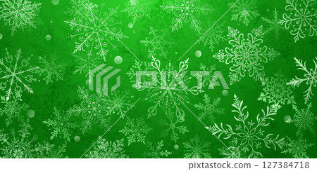 Christmas illustration with large snowflakes on green. 127384718
