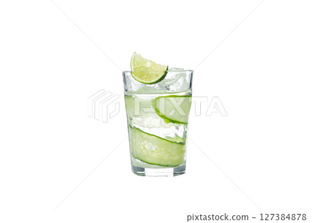 PNG, Brine cocktail with cucumber in glass, isolated on white background PNG, Brine cocktail with cucumber in glass, isolated on white background 127384878
