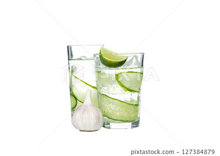 PNG, Brine cocktail with cucumber in glasses and garlic, isolated on white background 127384879