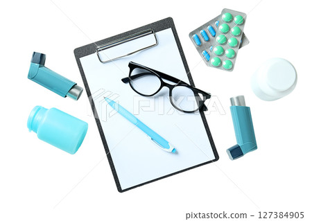 Health items set for consultation, isolated on white background Health items set for consultation, isolated on white background 127384905