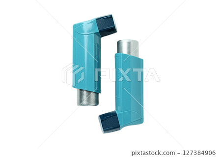 2 blue inhalers for asthma care, isolated on white background 2 blue inhalers for asthma care, isolated on white background 127384906