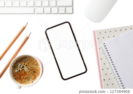 Neat desk with coffee, phone, notepad, isolated on white 127384908