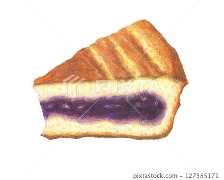 Gateau Basque with cherry jam - watercolor pencil illustration 127385171