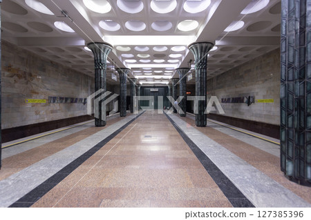special architecture of soviet in the  station of Gapur gulom. Tashkent metro built in the former USSR, ope 127385396